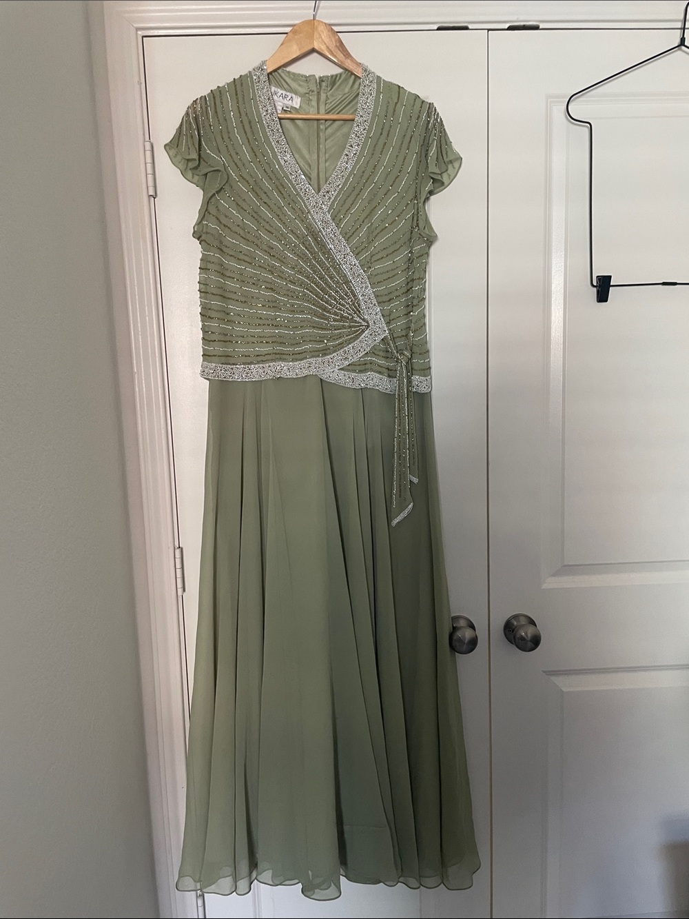 JKara Pale Green Beaded Faux Wrap Gown, Mother of the Bride Wedding Guest Formal